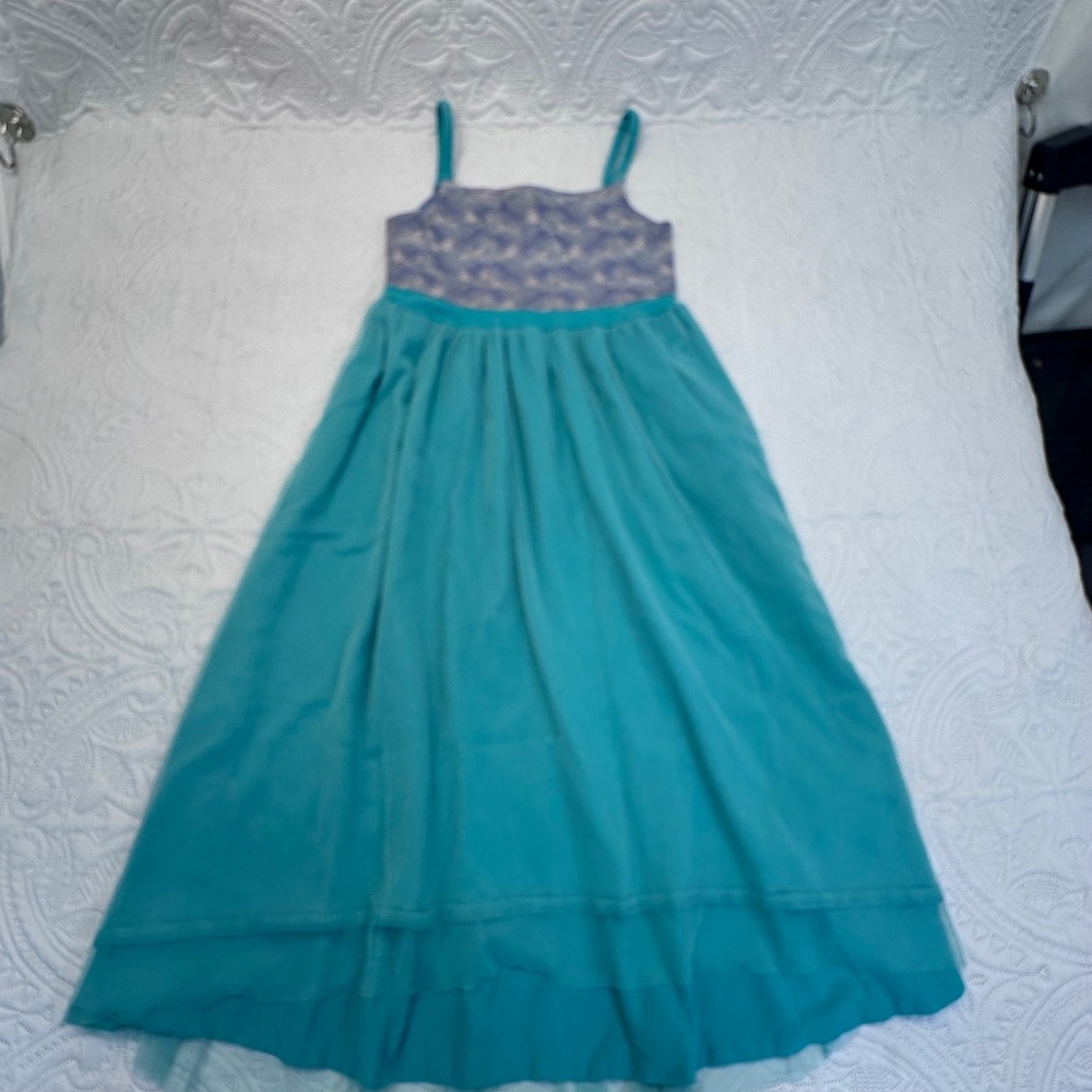 American Girl Teal Tulle Maxi Dress Sparkle Scale Bodice Girls Size L 14-16